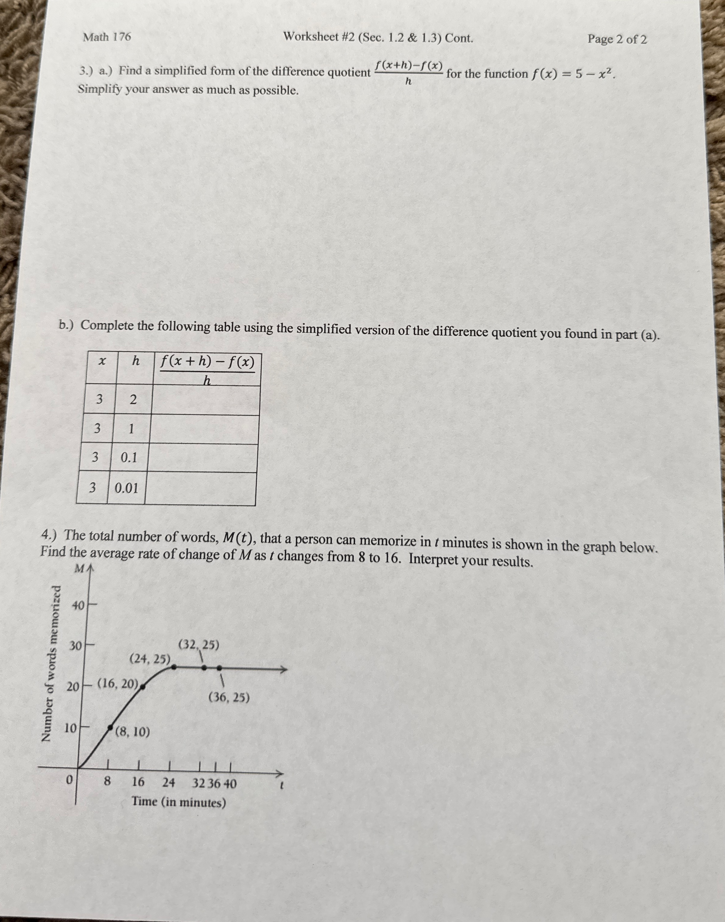 Math 1 7 6 Worksheet # 2 ( Sec . 1 . 2 Math 1 7