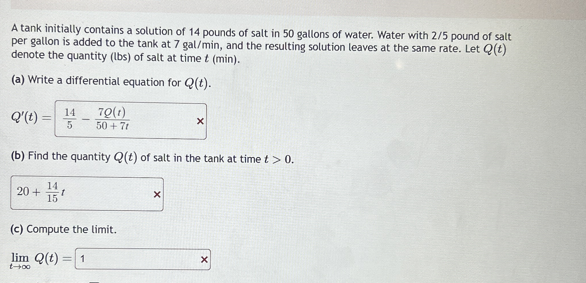 A tank initially contains a solution of 1 4