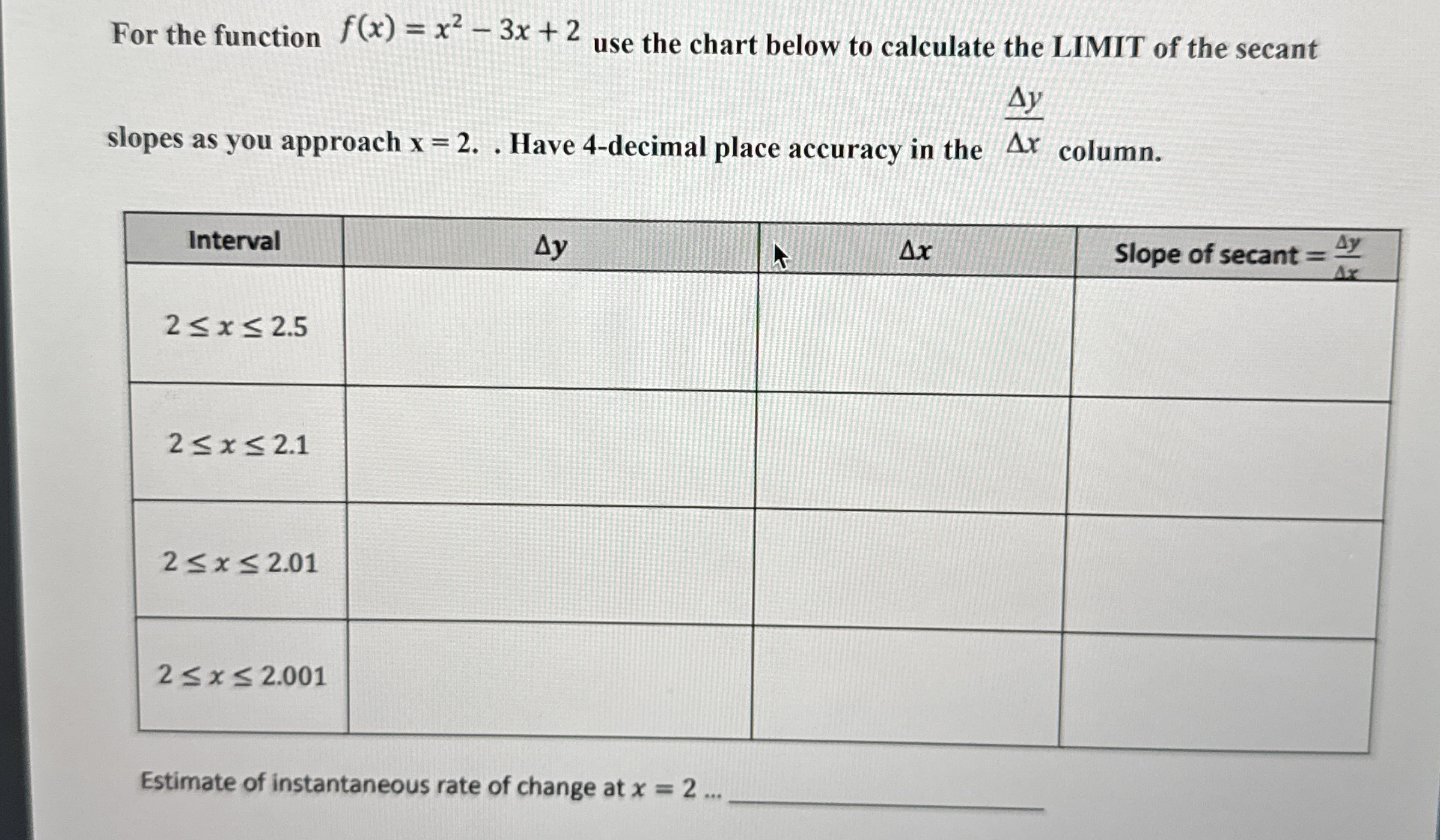 For the function f ( x ) = x 2 - 3 x + 2 use the