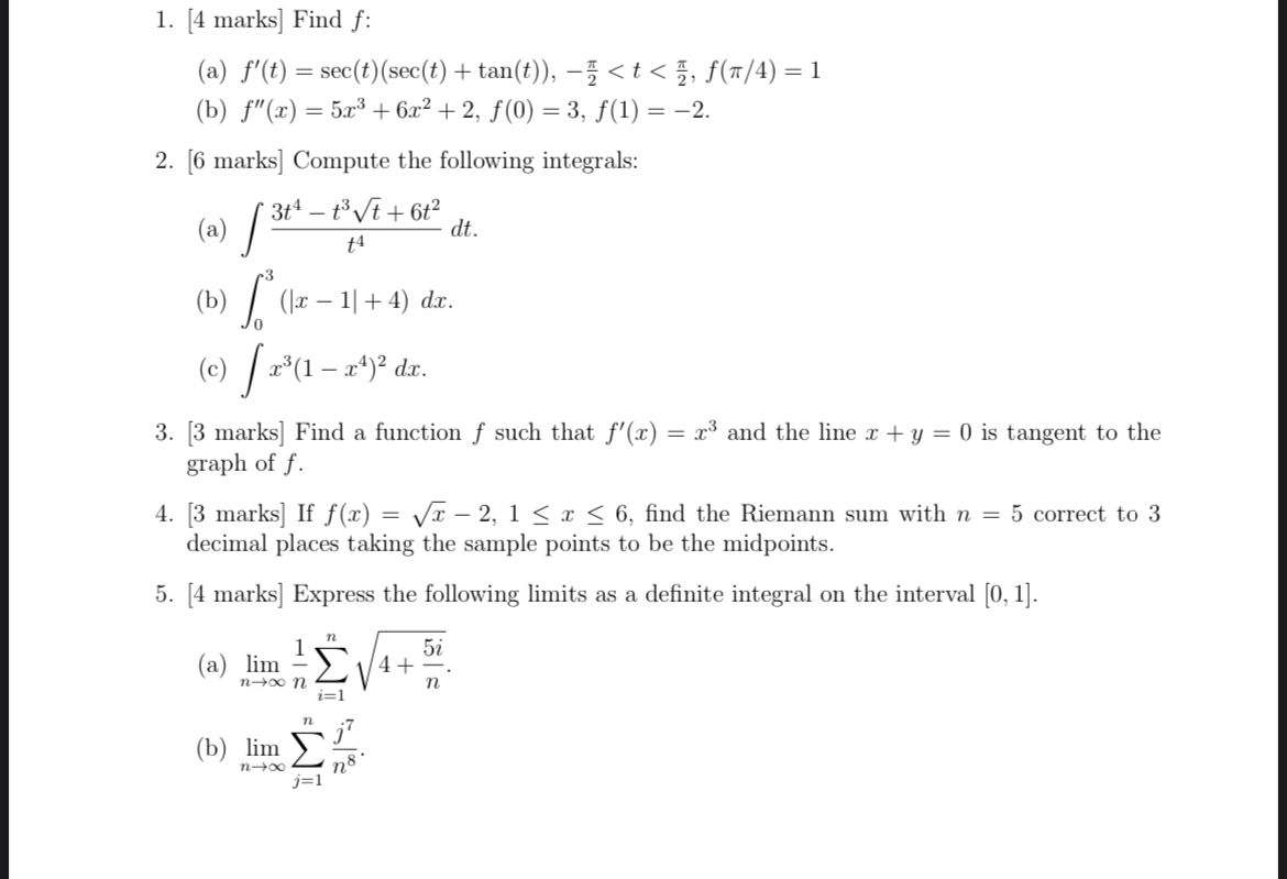 [ 4 marks ] Find f : ( a ) f ' ' ( x ) = 5 x 3 +