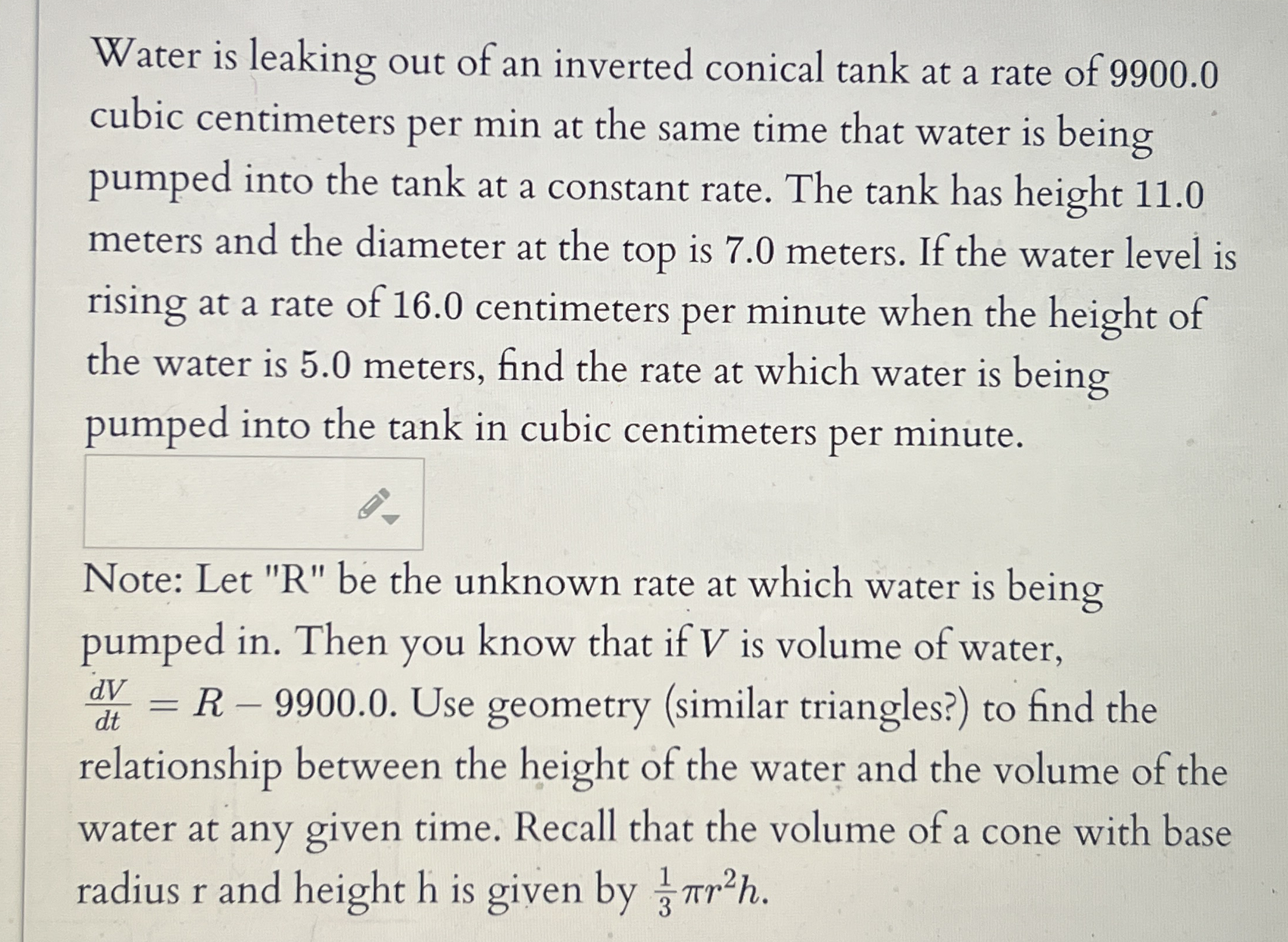 Water is leaking out of an inverted conical tank