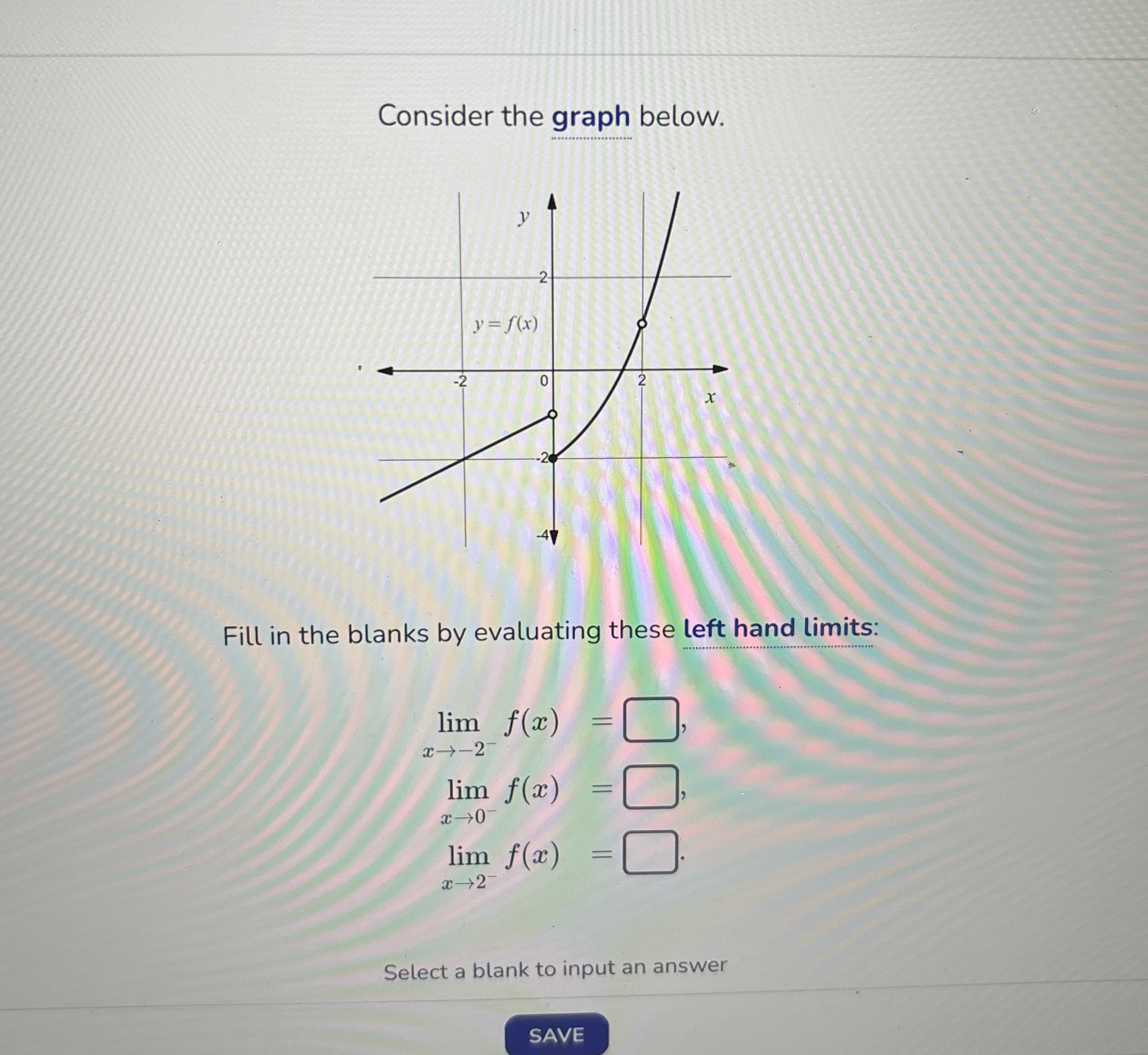 Consider the graph below. Fill in the blanks by