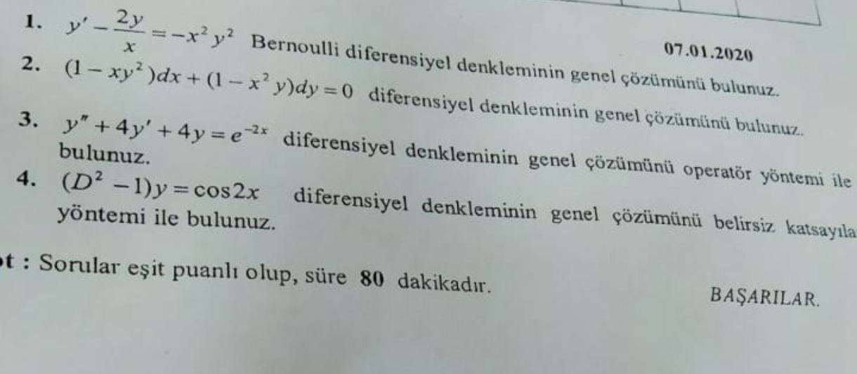 y ' - 2 y x = - x 2 y 2 Bernoulli diferensiyel