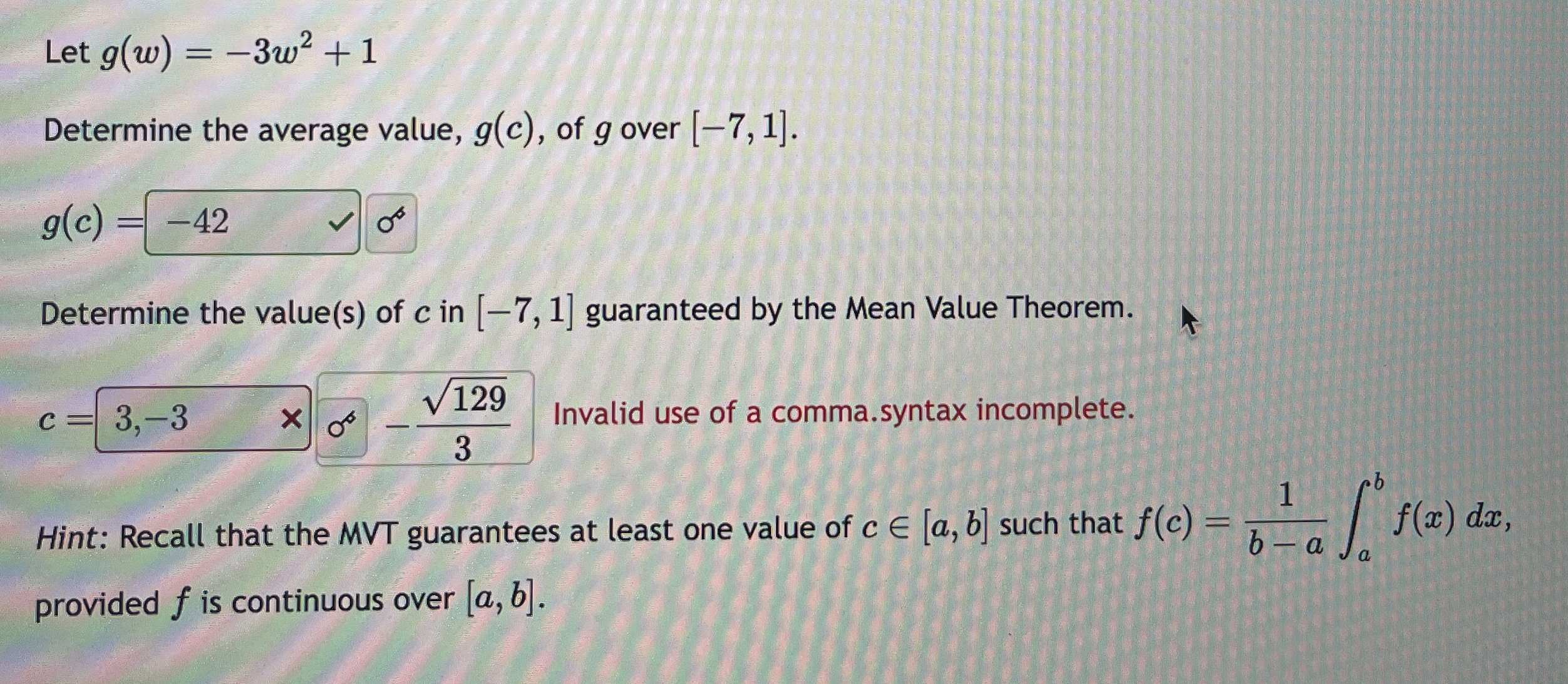 Let g ( w ) = - 3 w 2 + 1 Determine the average