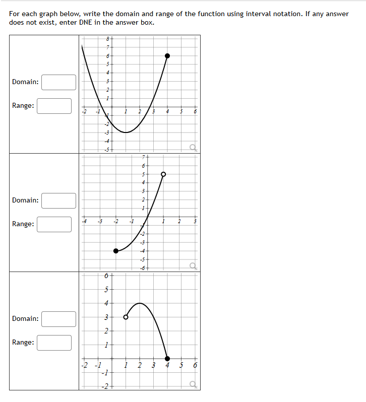 For each graph below, write the domain and range