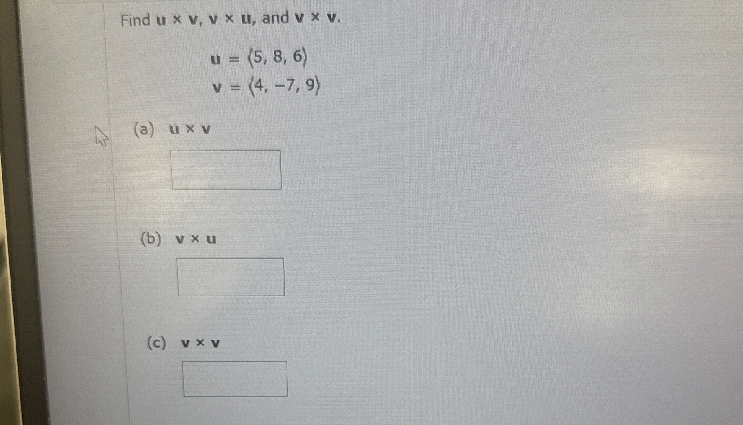 Find u v , v u , and v v . u = ( : 5 , 8 , 6 : )