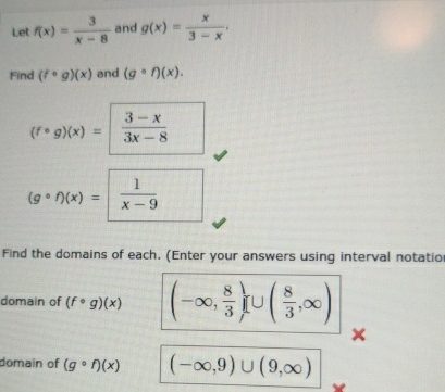 Let f ( x ) = 3 x - 8 and g ( x ) = x 3 - x .