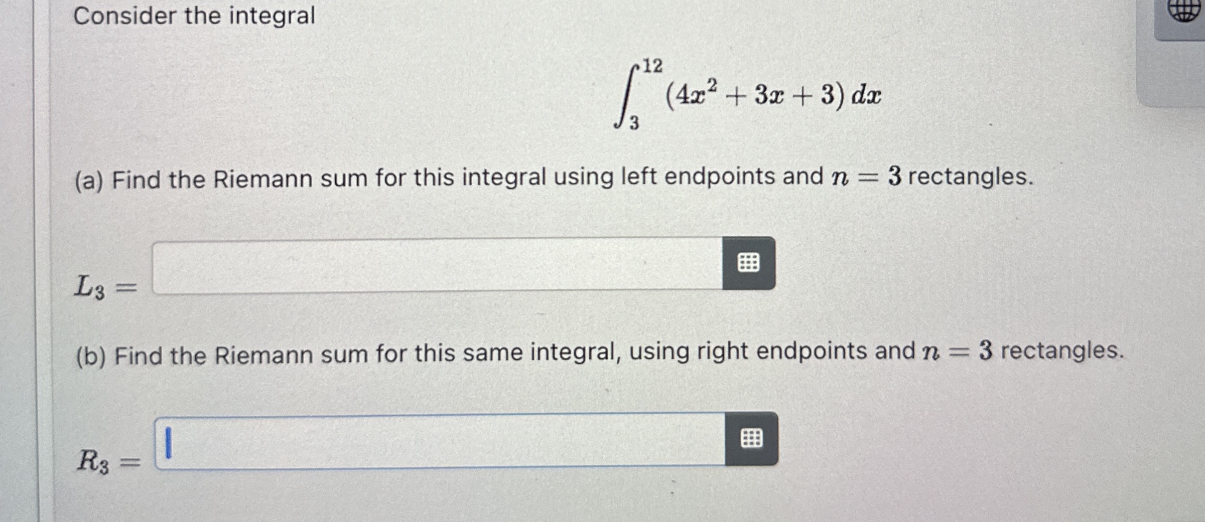 Consider the integral 3 1 2 ( 4 x 2 + 3 x + 3 ) d