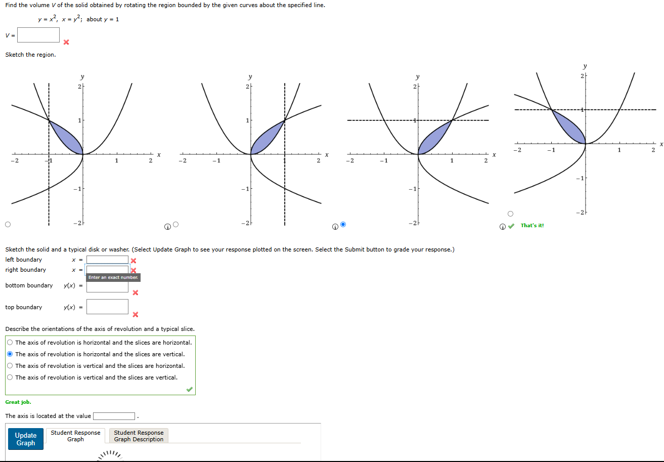 Find the volume \ ( V \ ) of the solid obtained