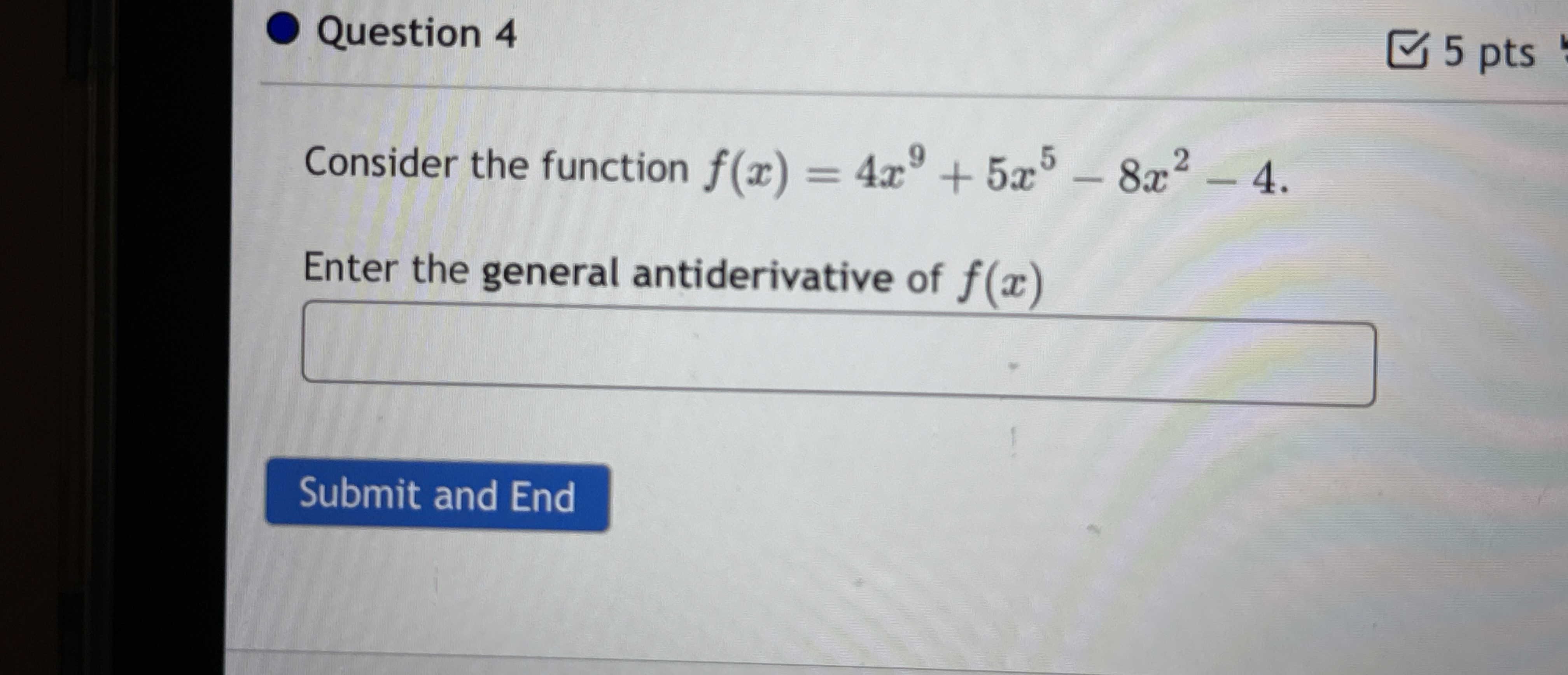 Question 4 5 pts Consider the function f ( x ) =