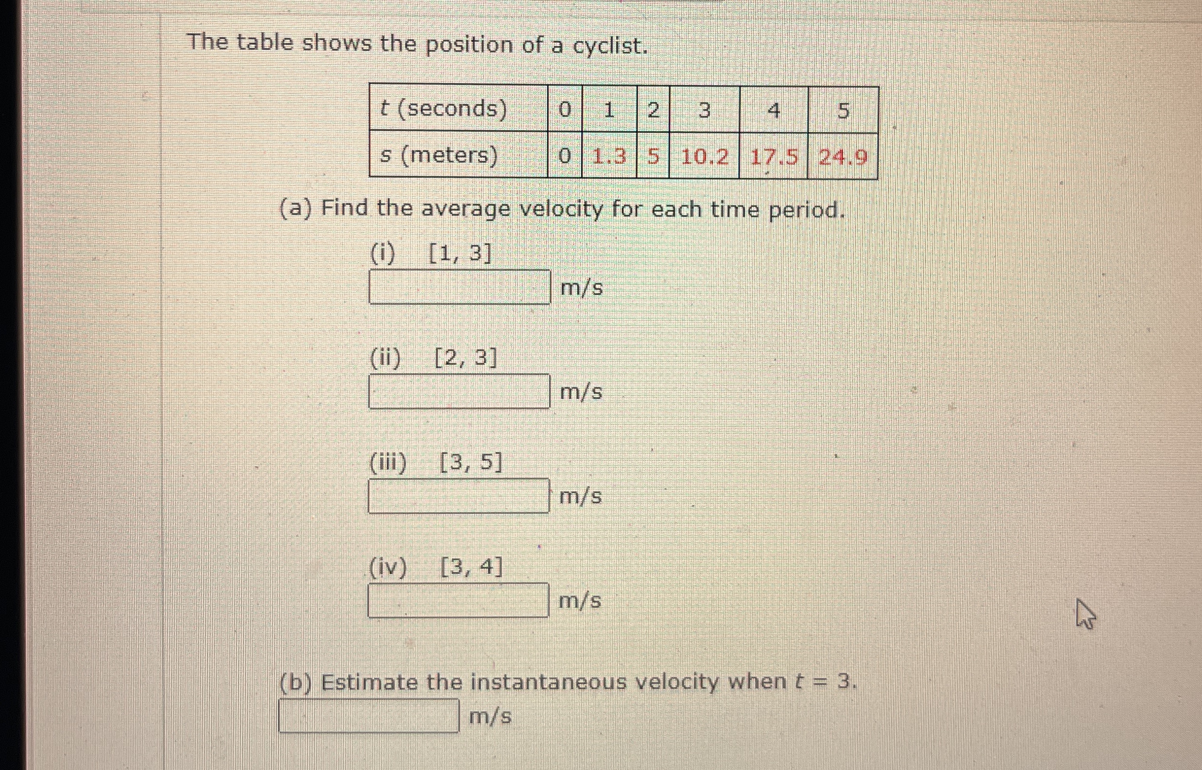 The table shows the position of a cyclist. \