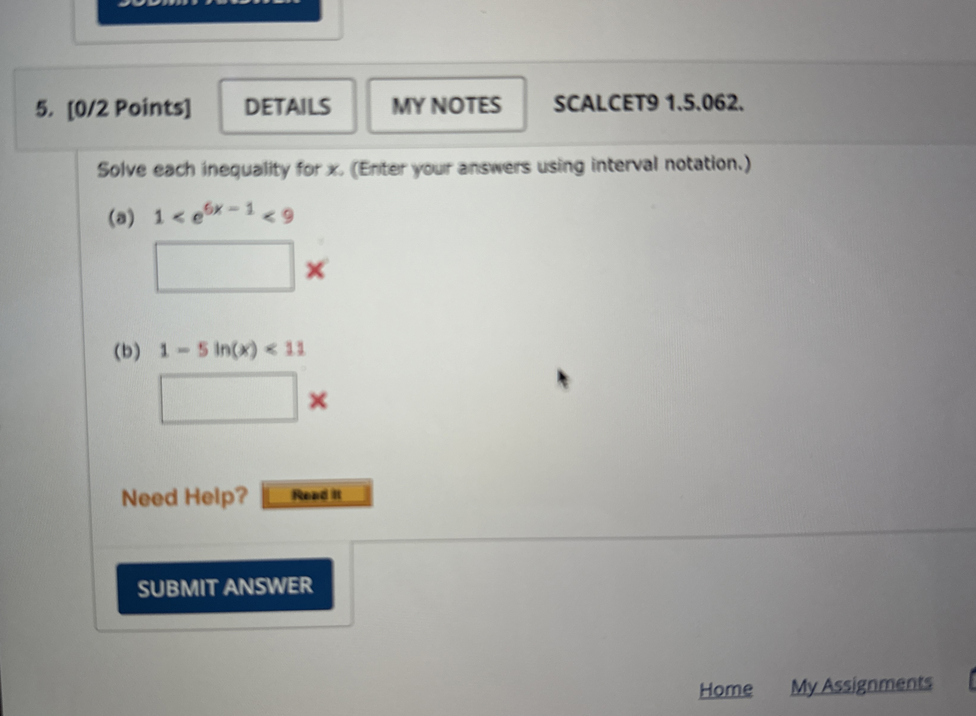 [ 0 / 2 Points ] SCALCET 9 1 . 5 . 0 6 2 . Solve