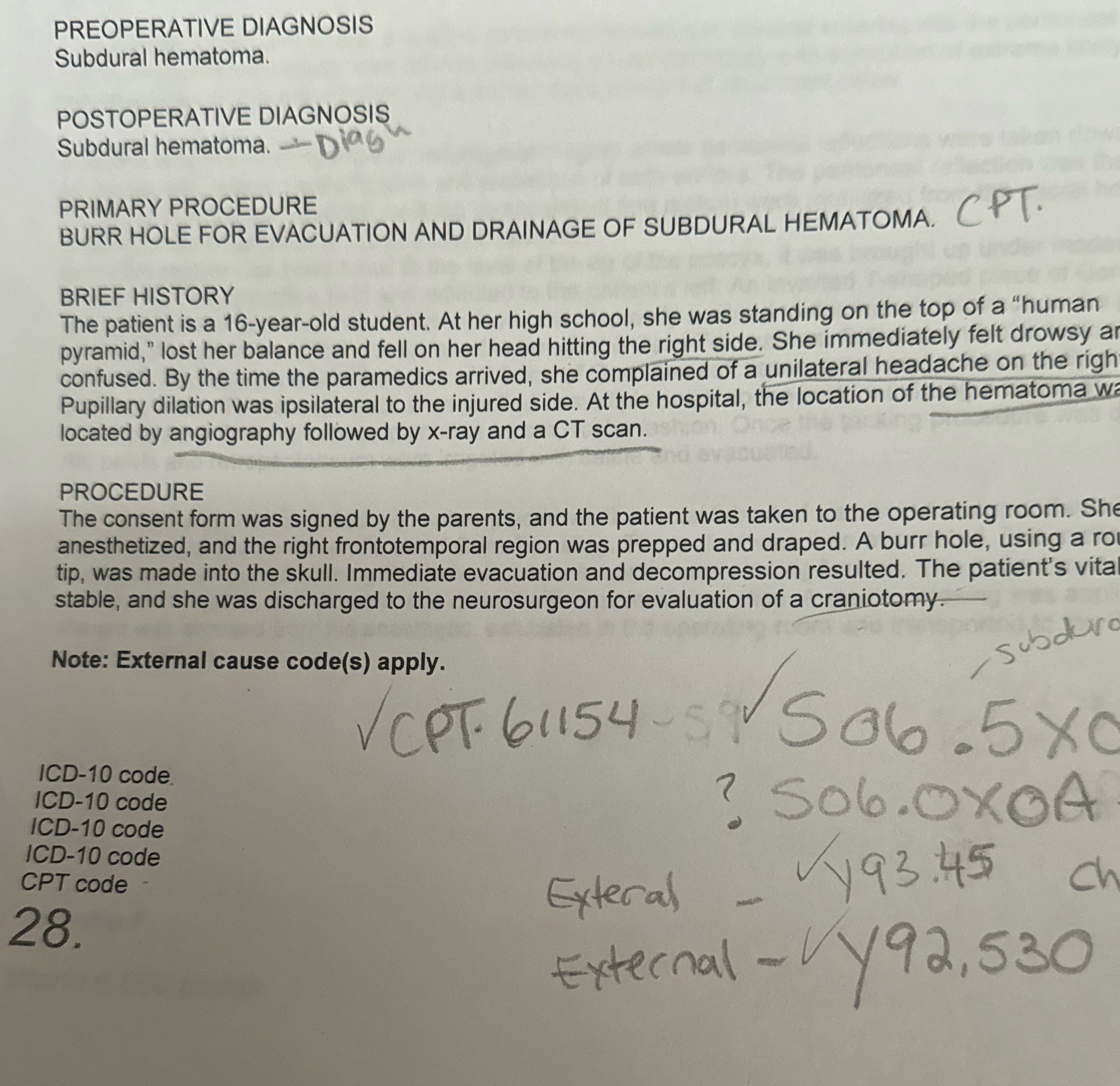 What are the external cause codes for this