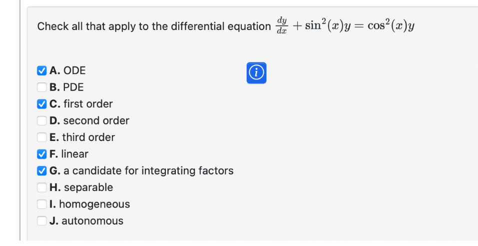 Check all that apply to the differential equation