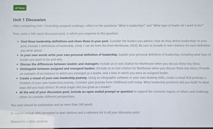 Done Unit 1 Discussion After completing Unit 1