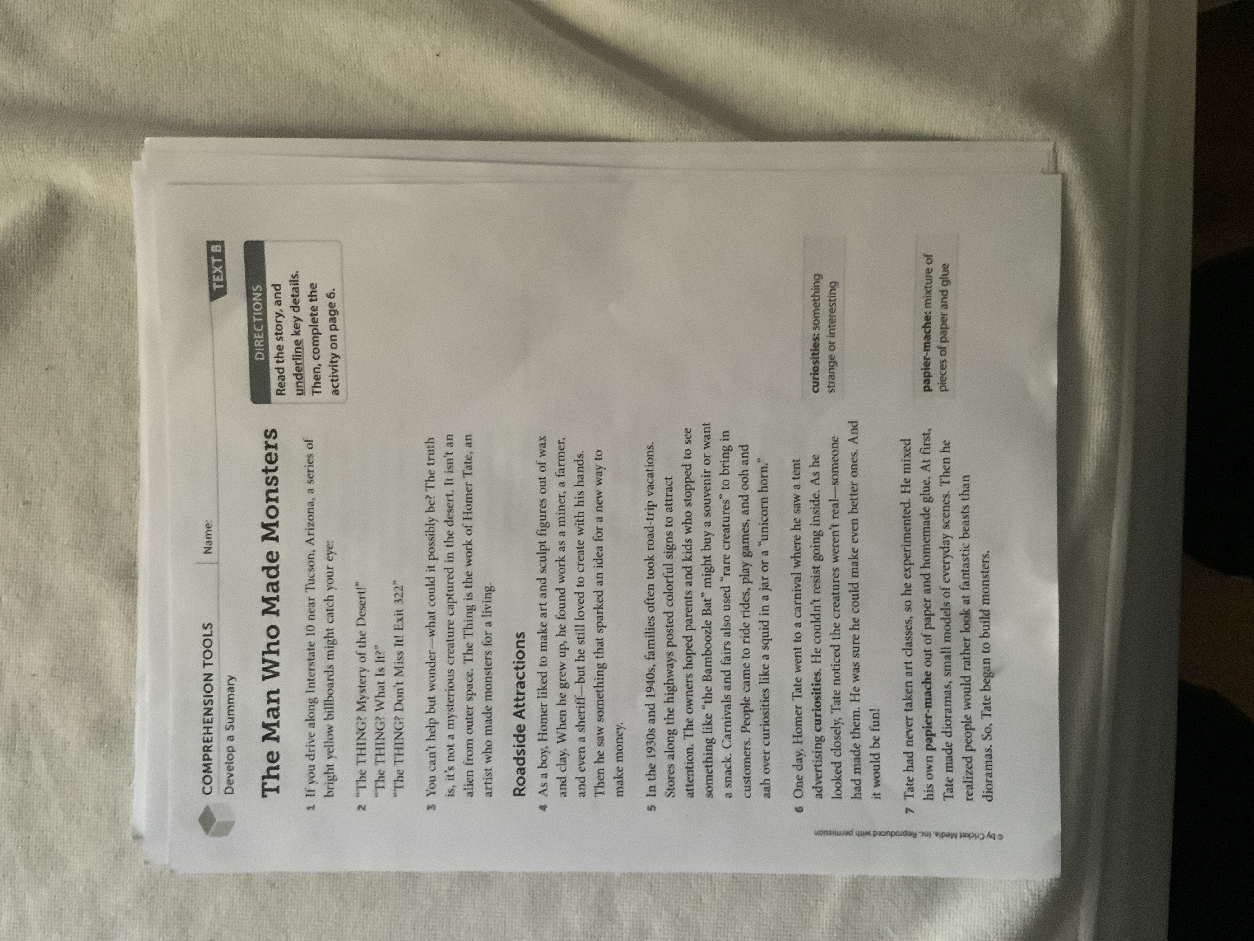 COMPREHENSION TOOLS Name: Develop a Summary TEXT