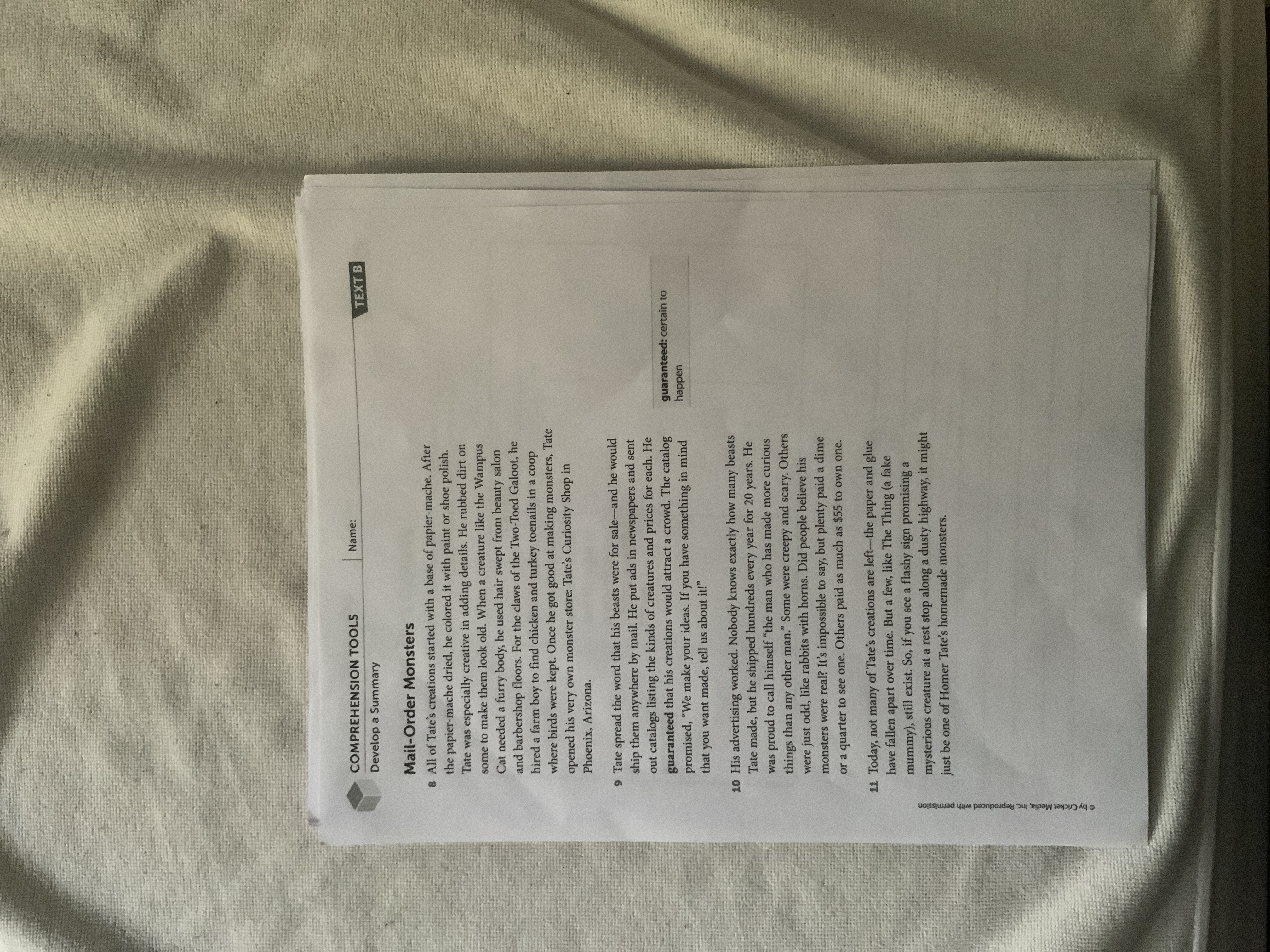 COMPREHENSION TOOLS Name: Develop a Summary TEXT