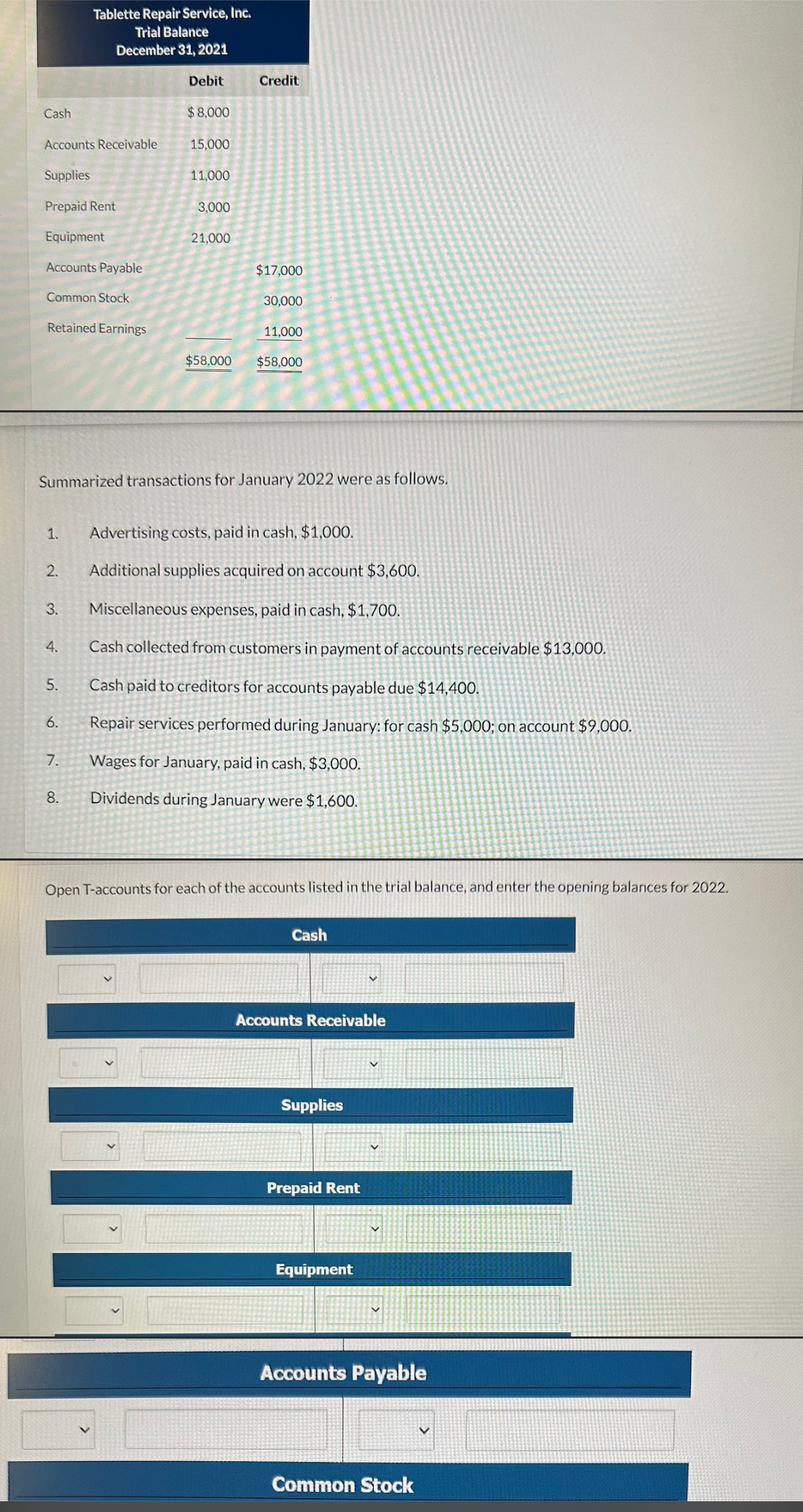 \ table [ [ , Debit,Credit ] , [ Cash , $ 8 , 0 0