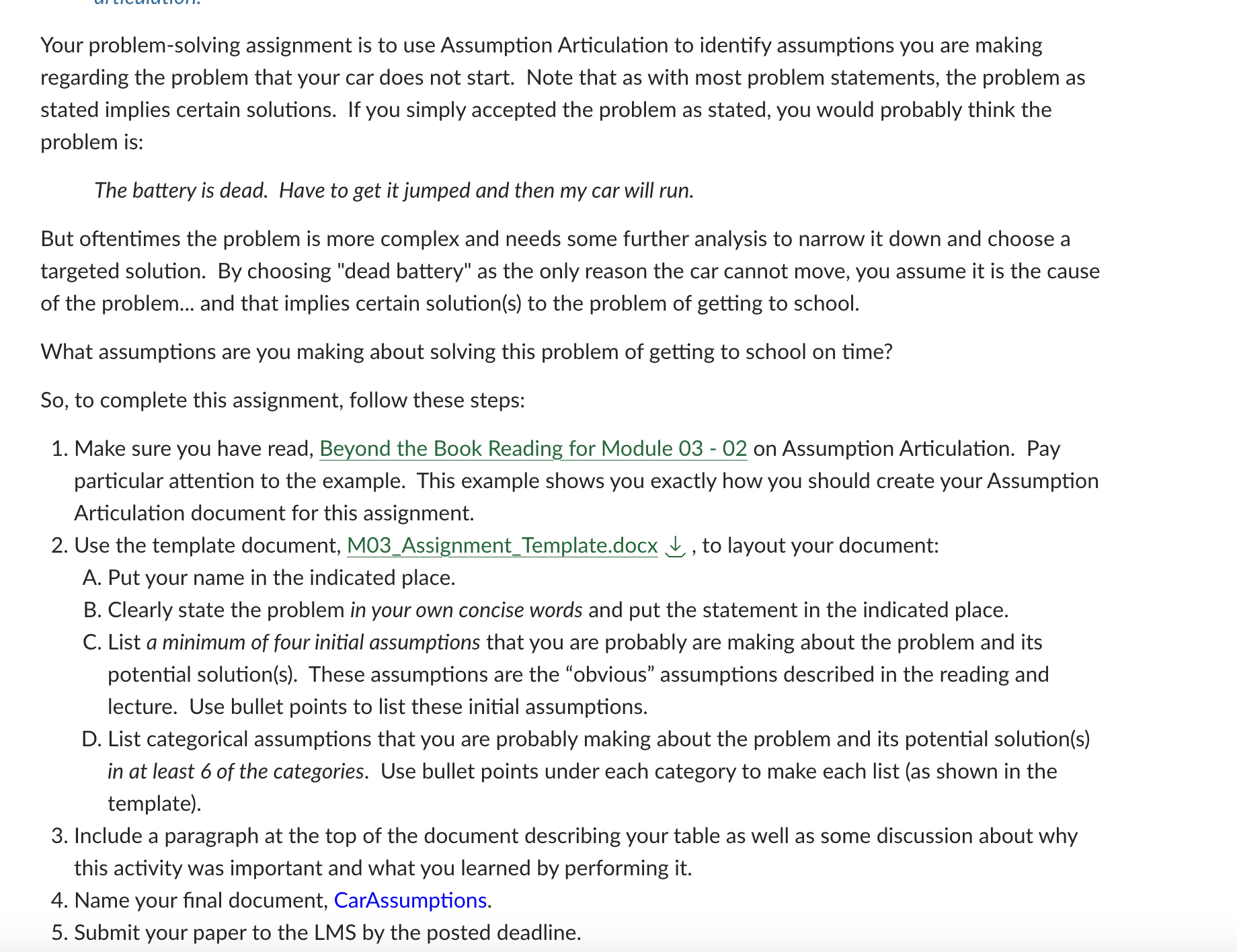 help writing Assumption Articulation statement