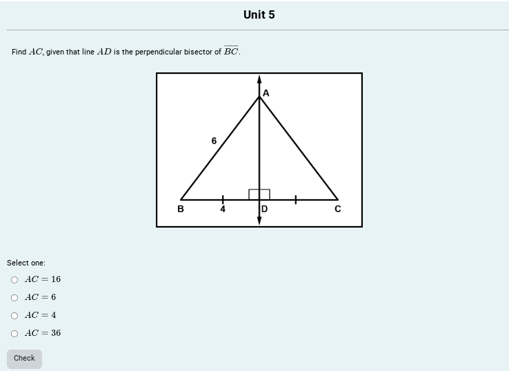 answer Unit 5 Find AC, given that line AD is the