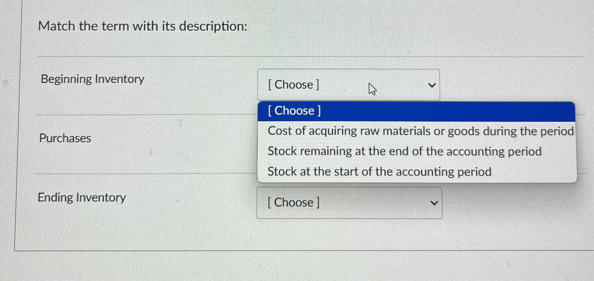 Match the term with its description: Beginning