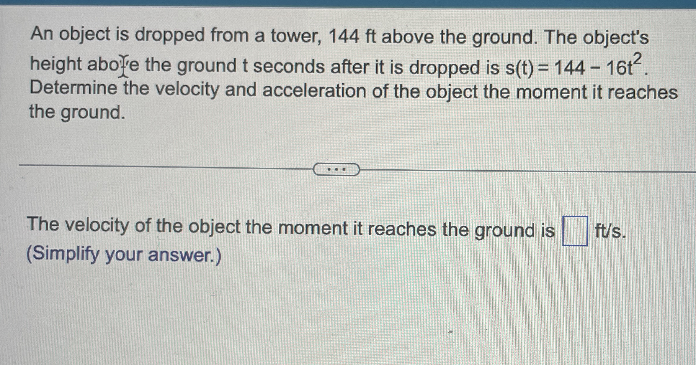 An object is dropped from a tower, 1 4 4 ft above