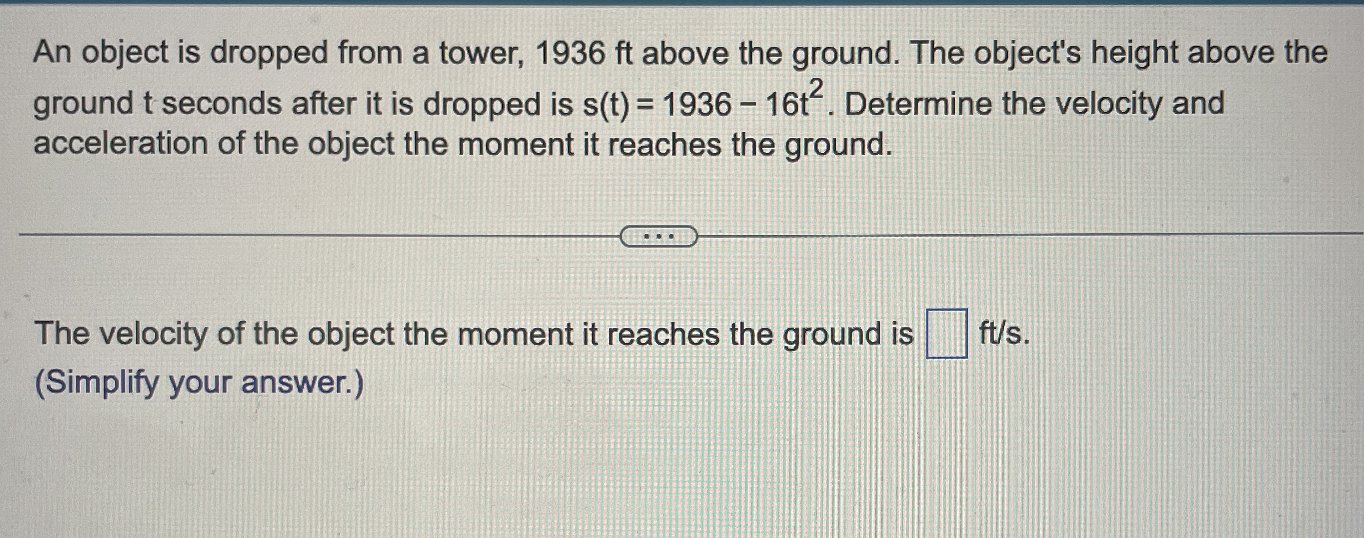 An object is dropped from a tower, 1 9 3 6 ft