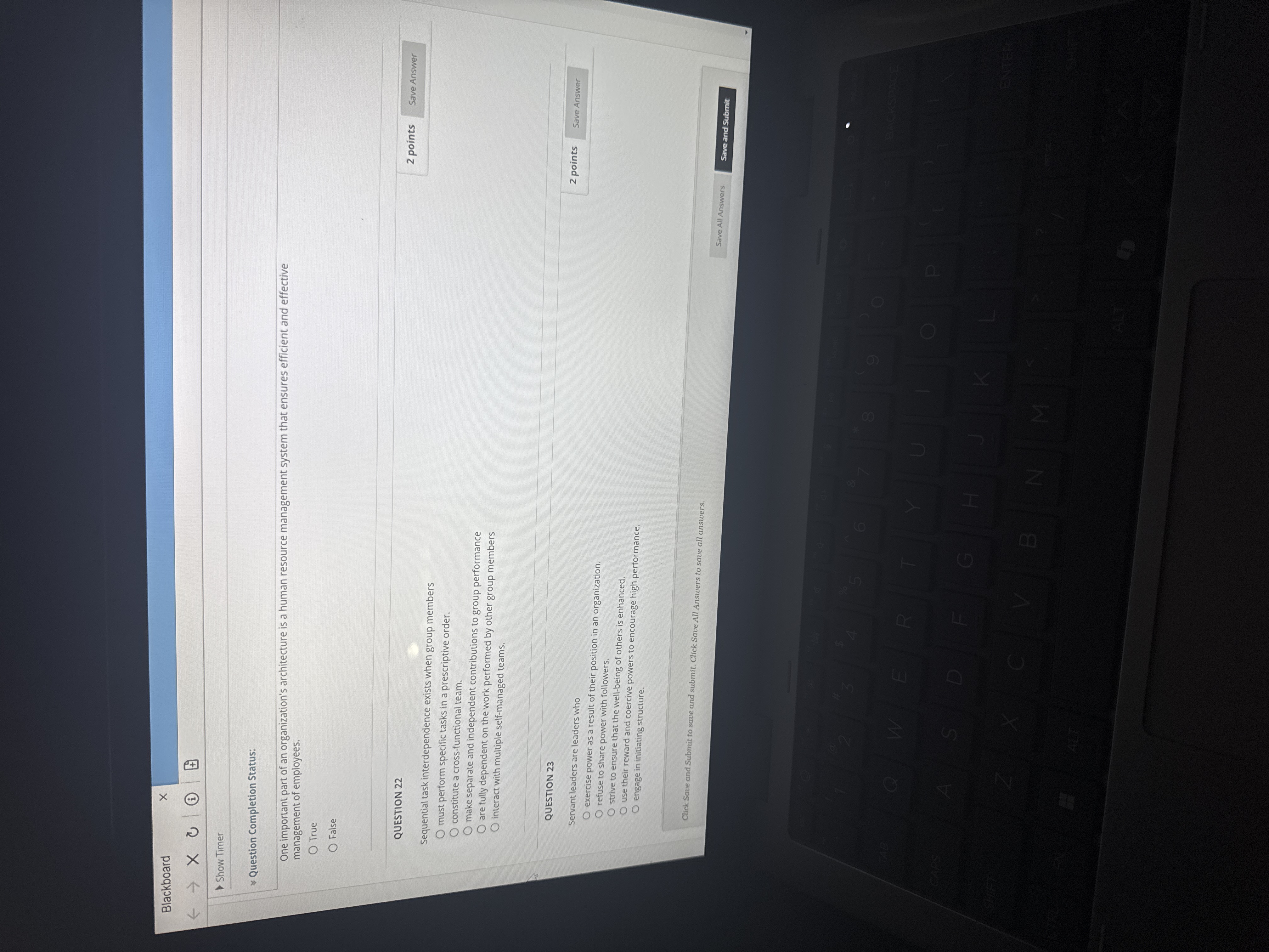 Give each answer Blackboard X > Show Timer
