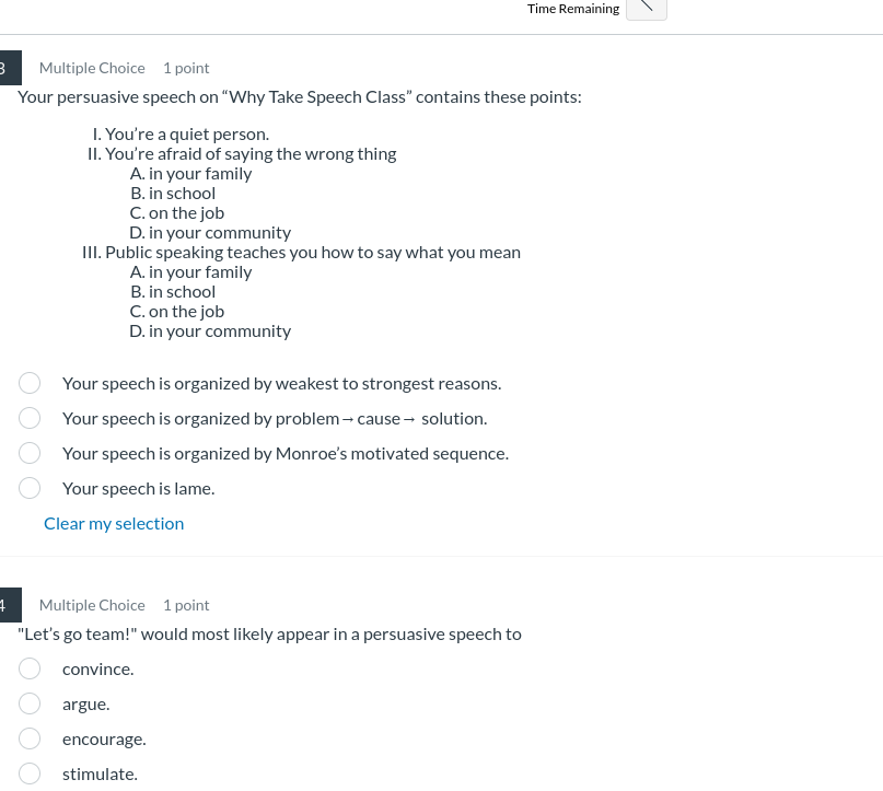 answer Time Remaining Multiple Choice 1 point