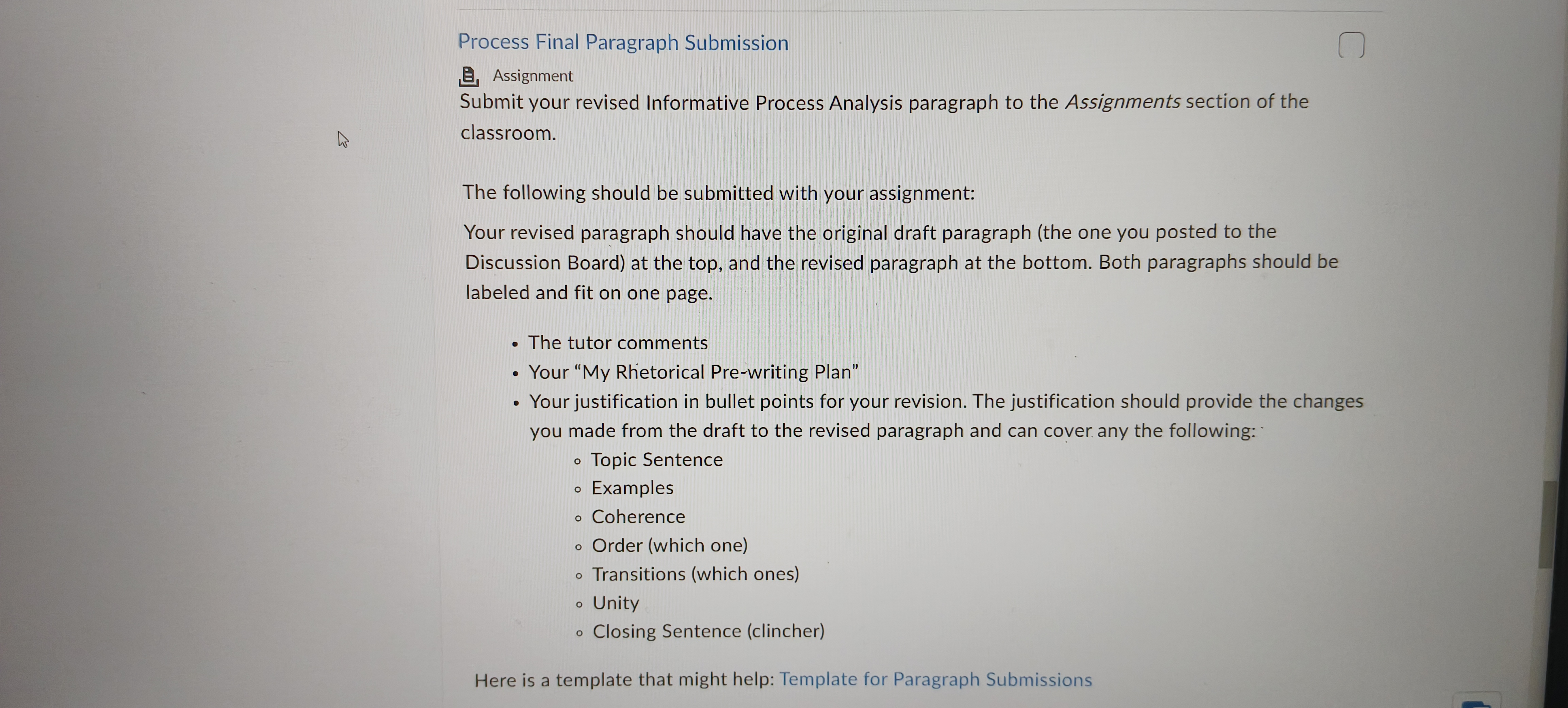 Process Final Paragraph Submission C B Assignment