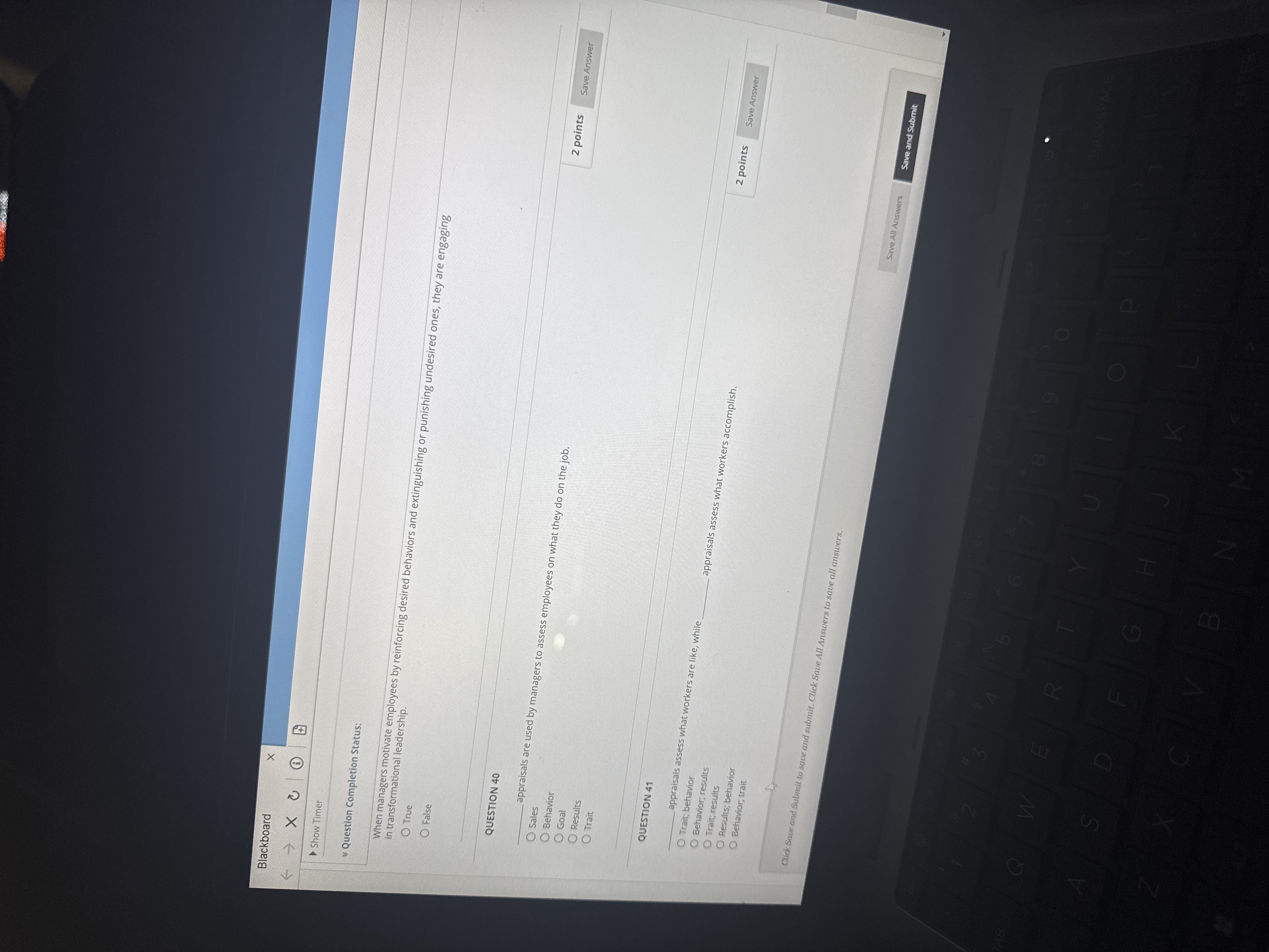 Give each answer Blackboard X Show Timer Question