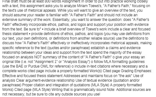 Final draft must be at least 800 words Assignment