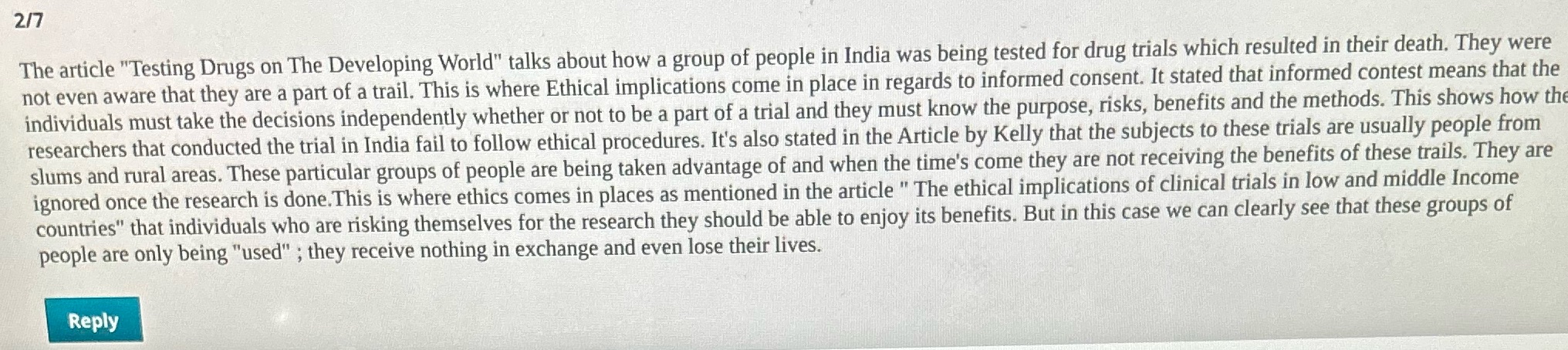 Comment 217 v The article "Testing Drugs on The