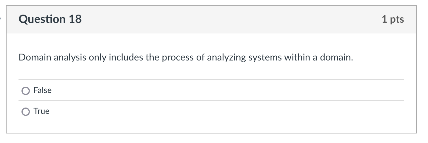 correct ans: | Question 18 1 pts Domain analysis