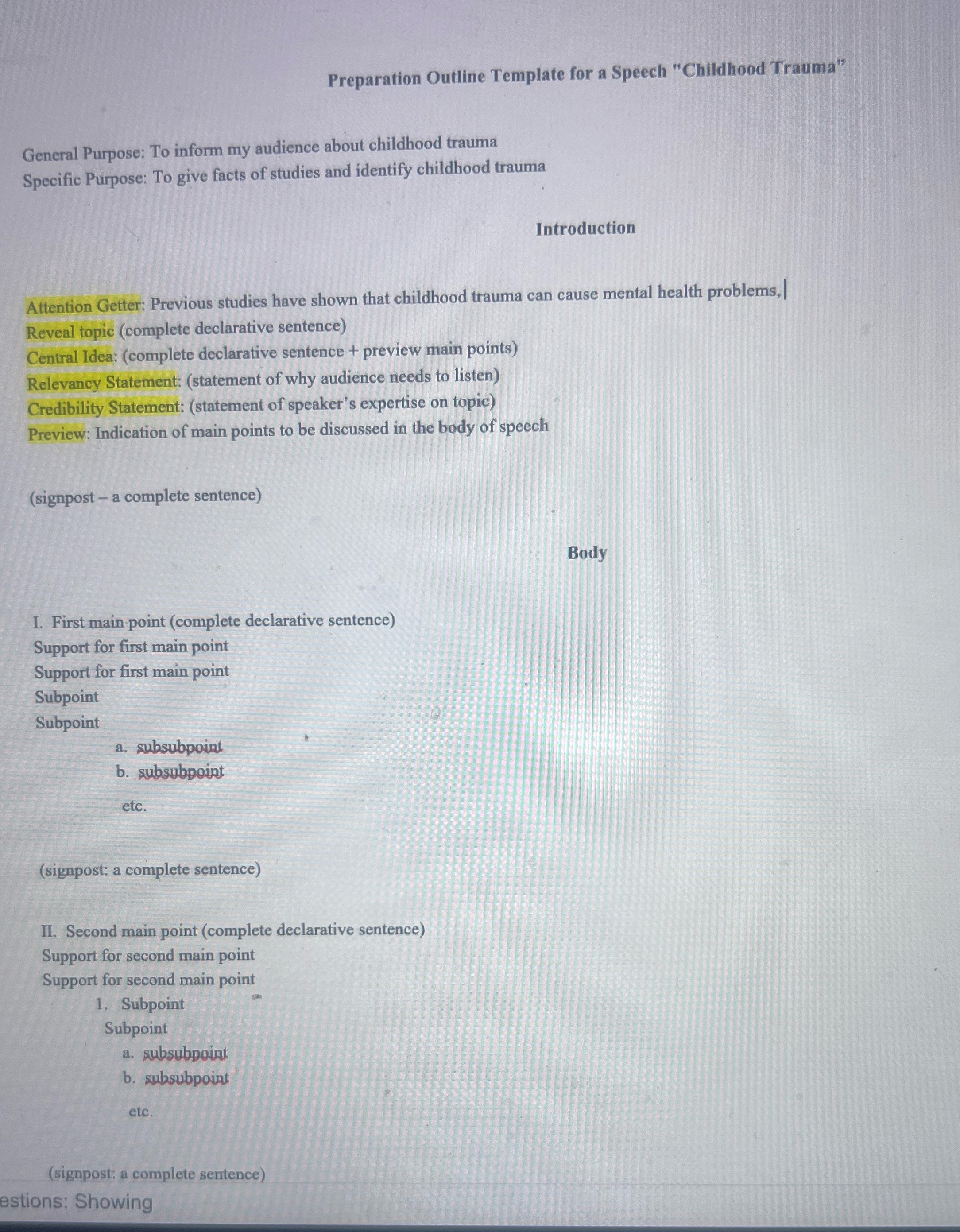 Need help with draft Preparation Outline Template