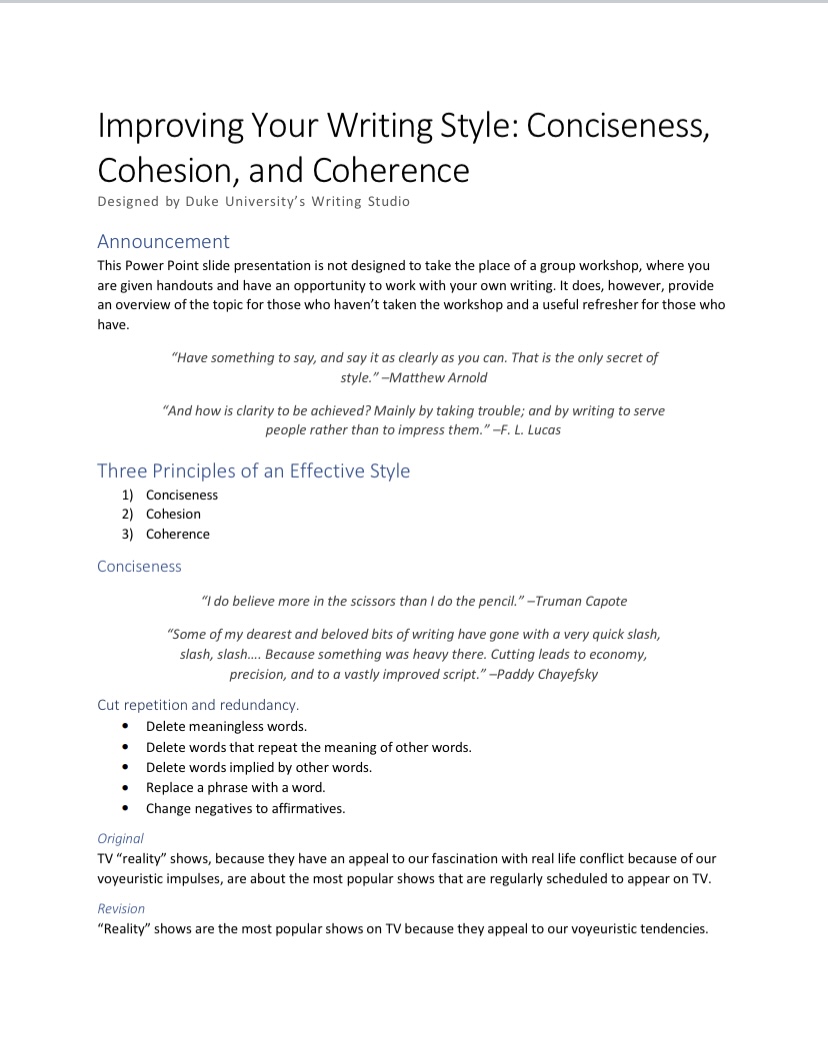 Conciseness, Cohesion, and Coherence Directed