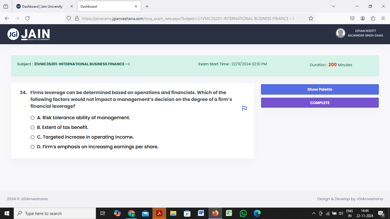 answer IGi Dashboard | Jain University X