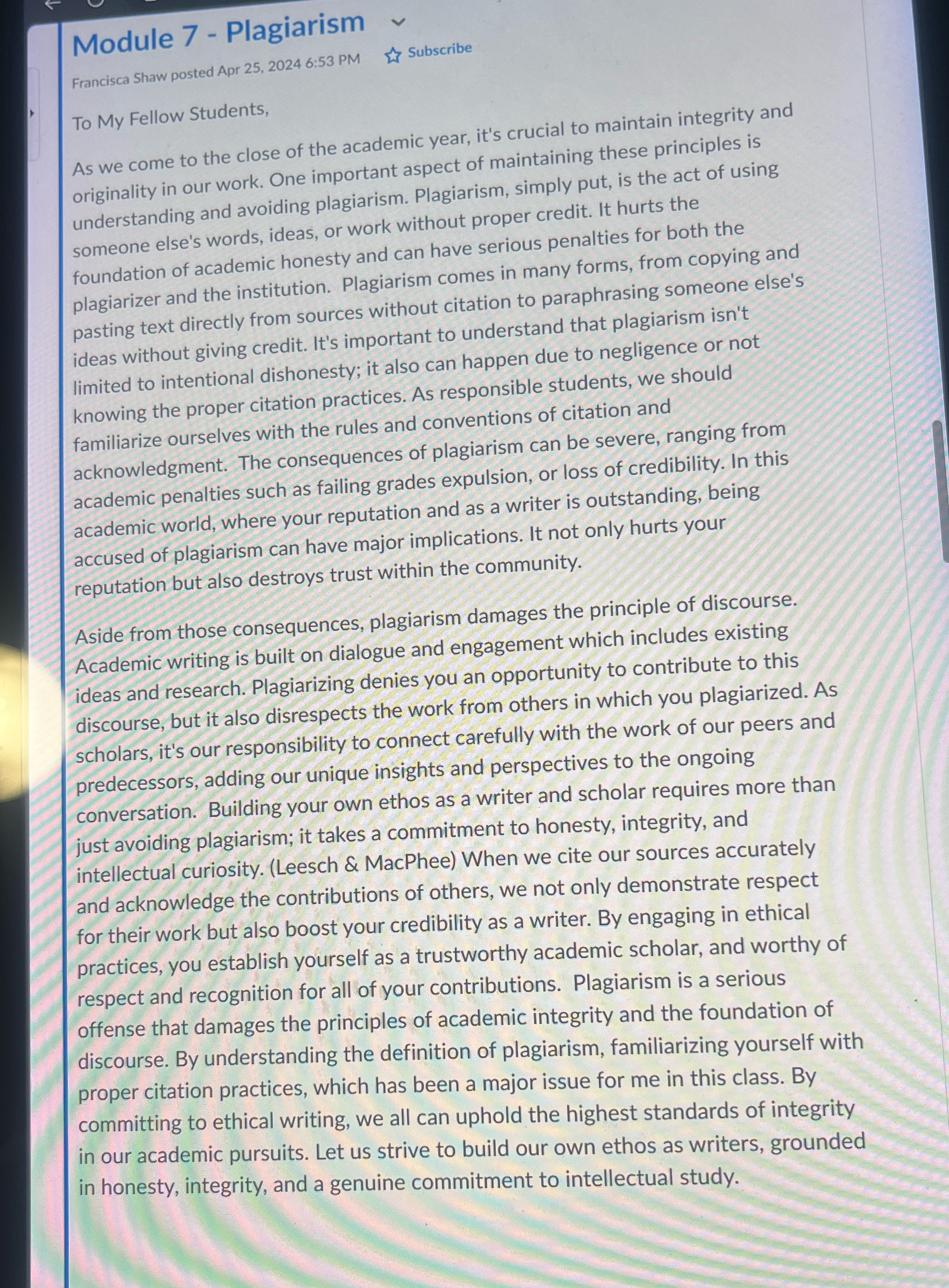 Can you please answer this student please. Module