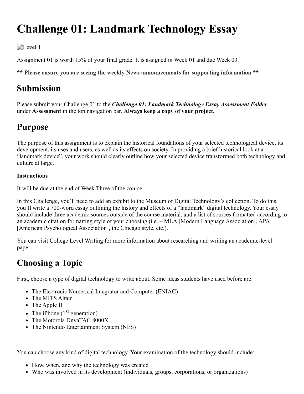Challenge 01: Landmark Technology Essay Lo Level