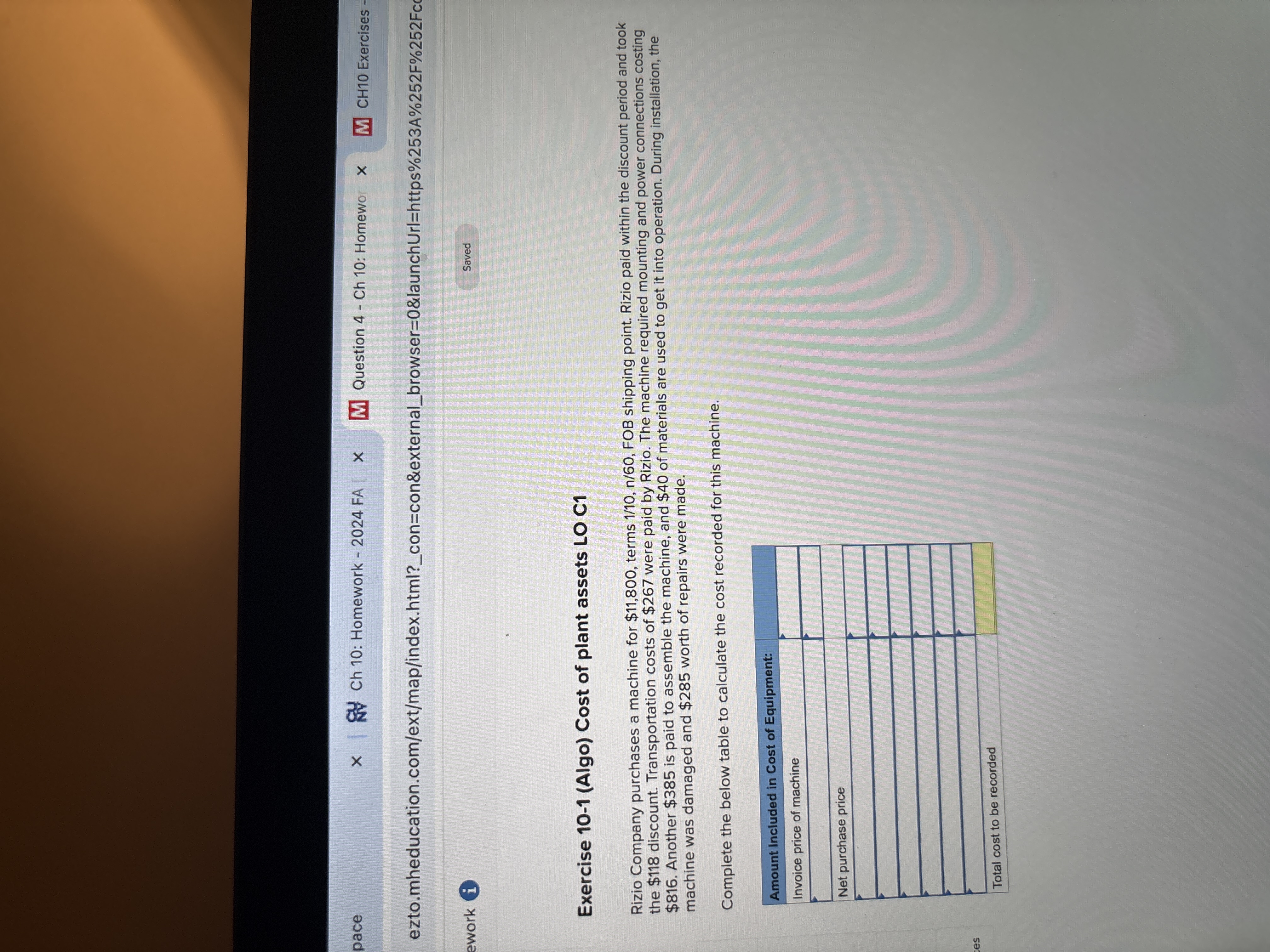 Answer pace x | S Ch 10: Homework - 2024 FA | x M