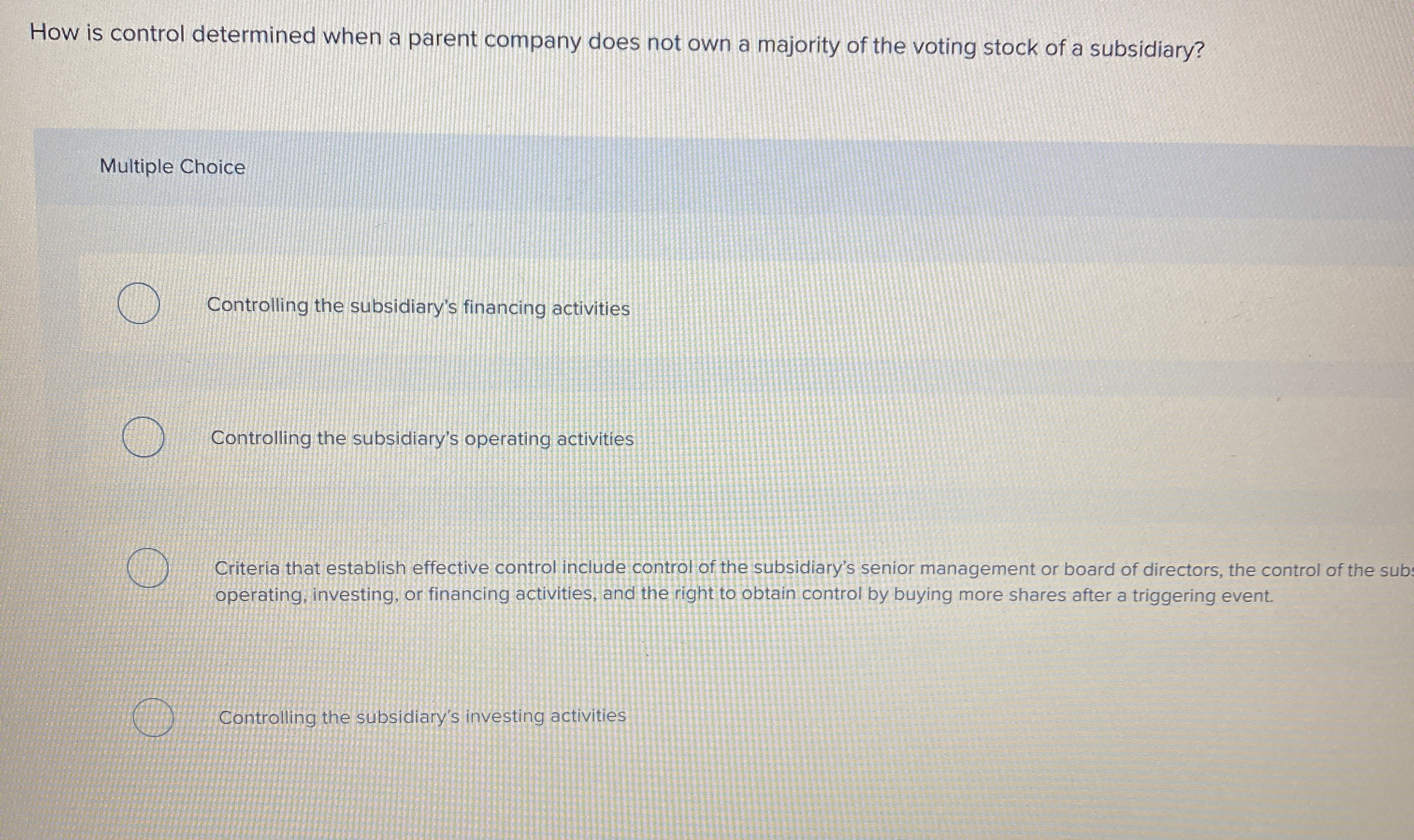 How is control determined when a parent company