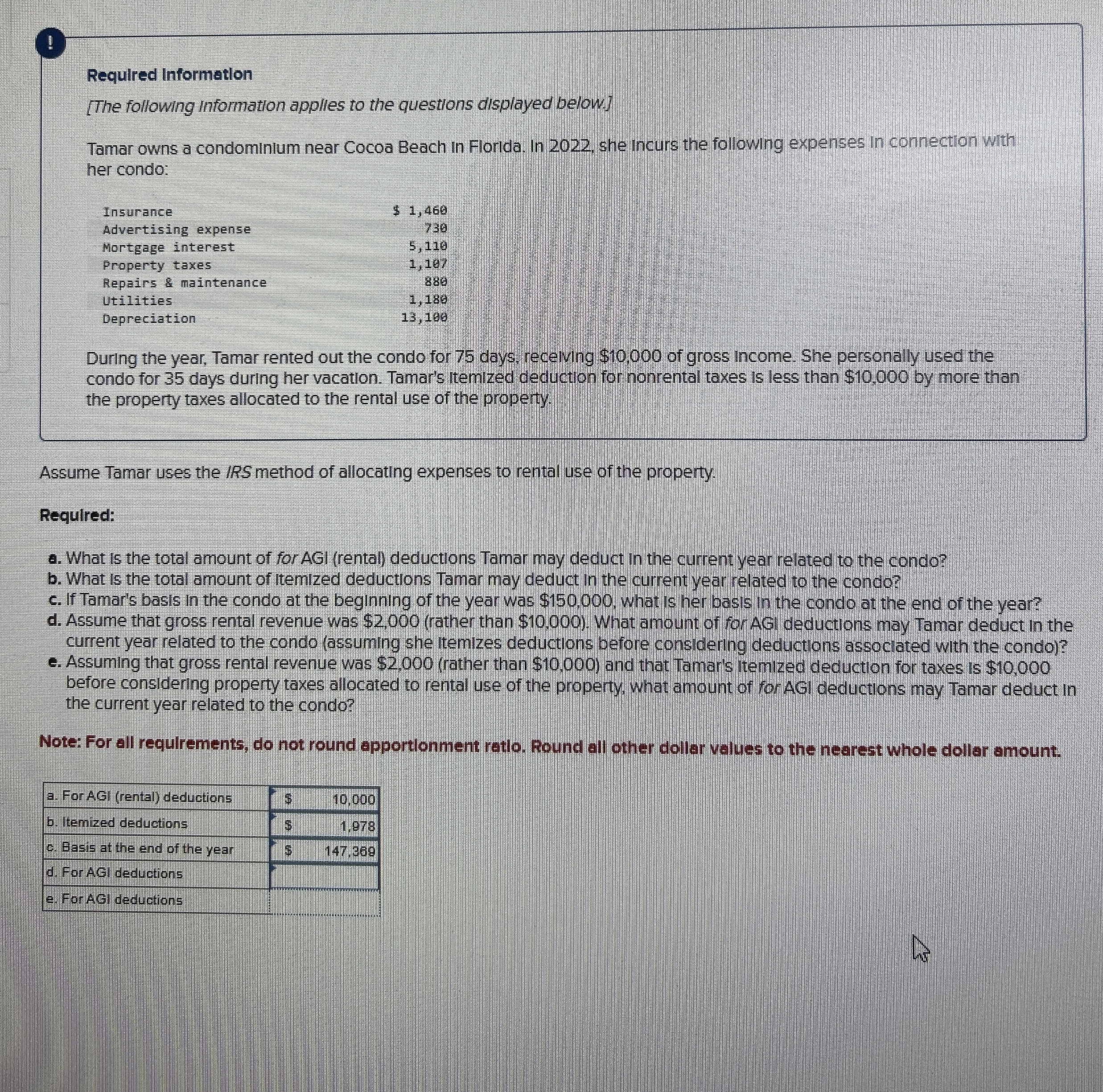 answer for AGI Deductiond d and e