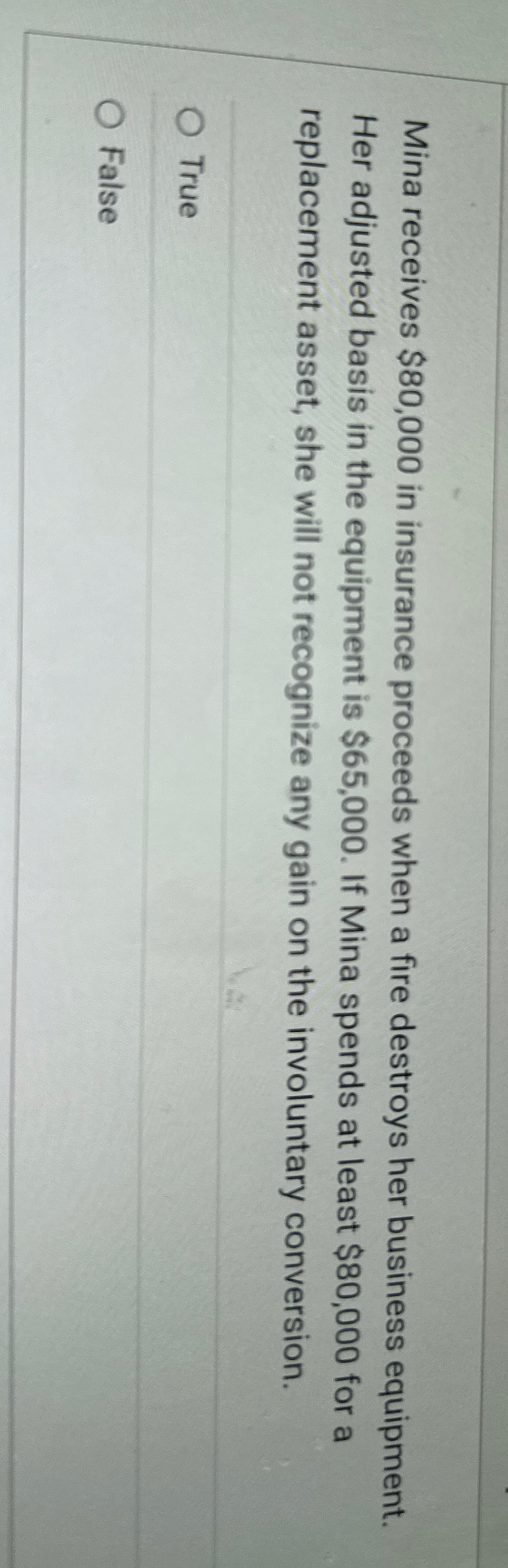 Mina receives $ 8 0 , 0 0 0 in insurance proceeds