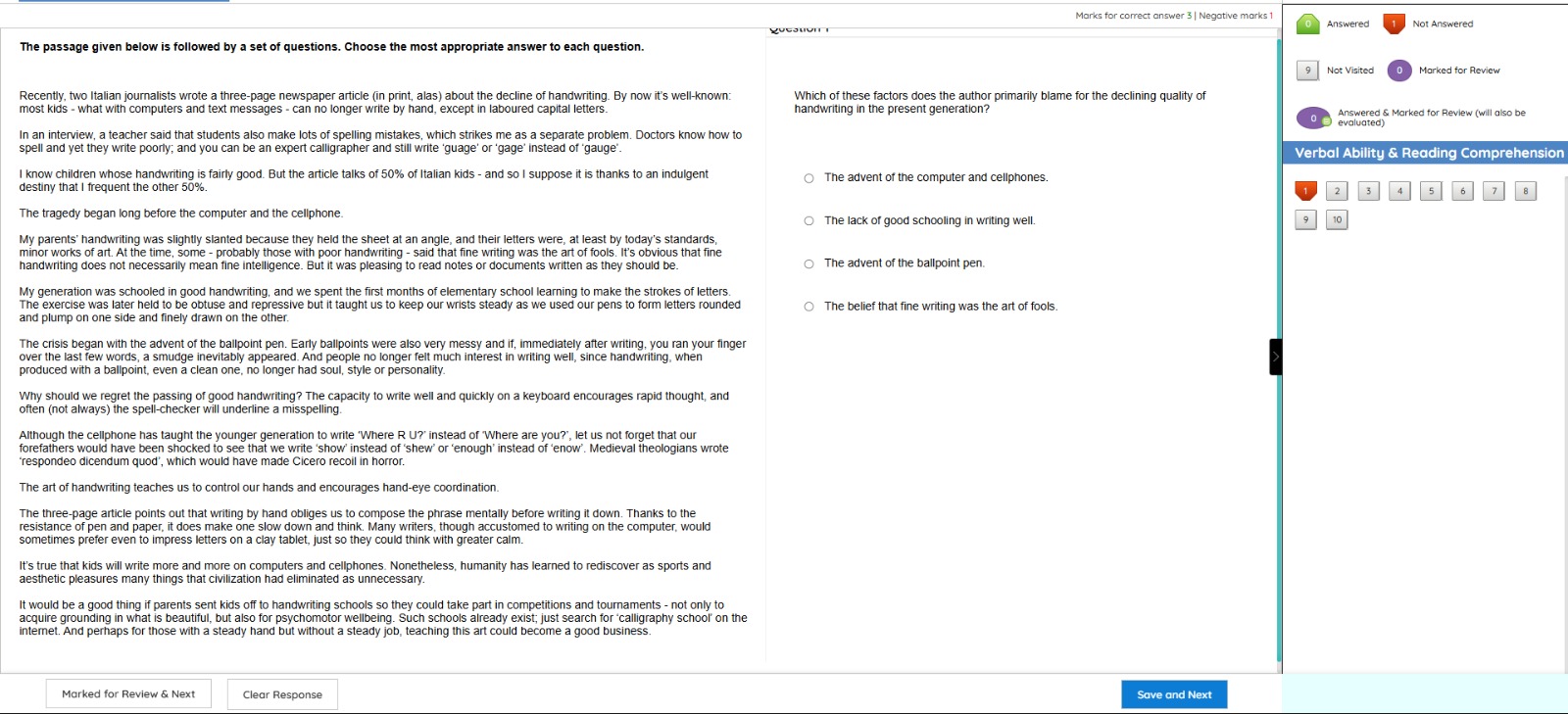 Morics for correct answer 3 | Negative marks 1 QD