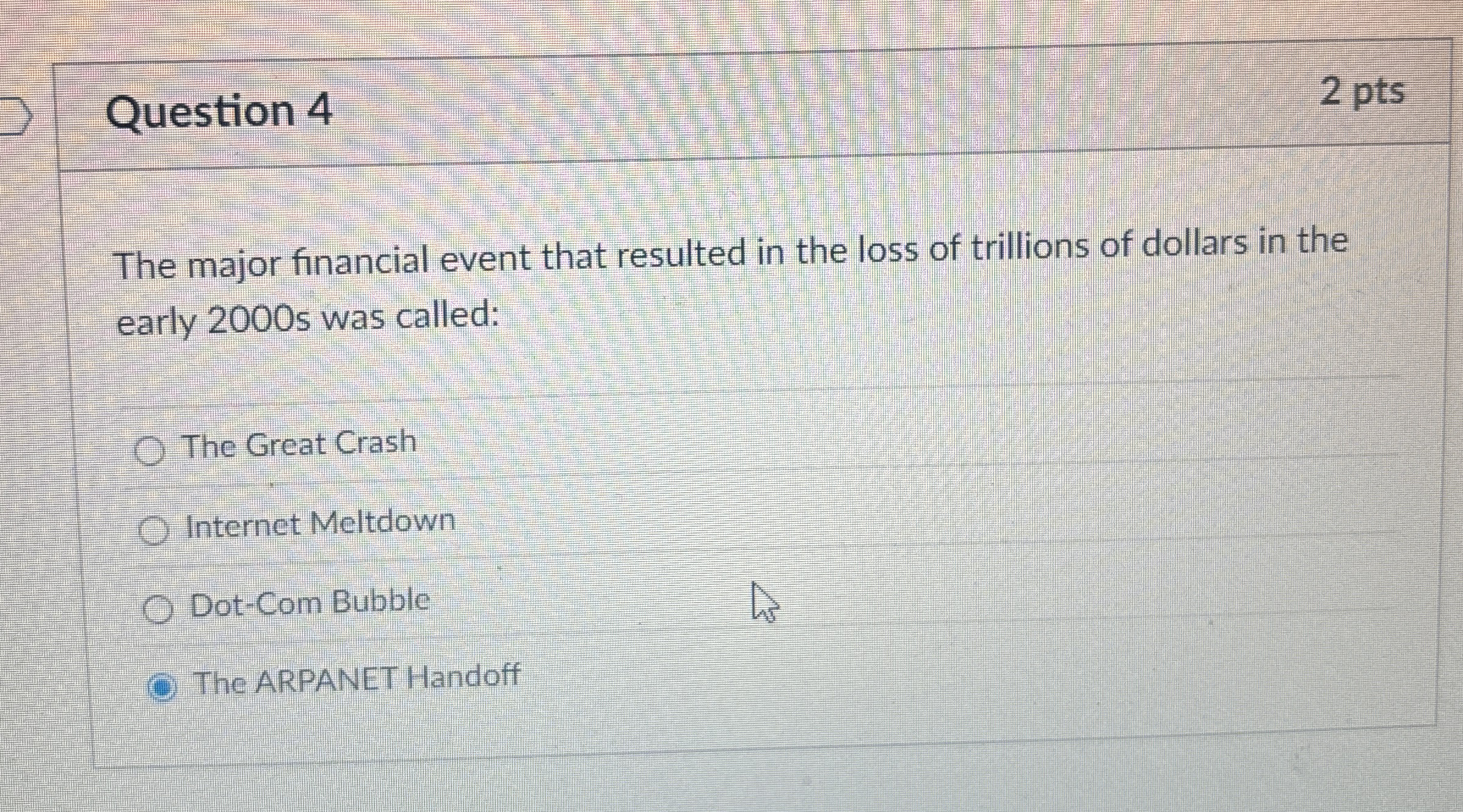 Question 4 2 pts The major financial event that