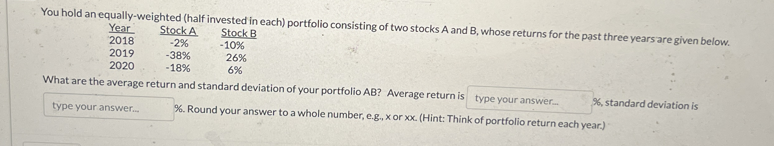 \ table [ [ Y e a r 2 0 1 8 , , Stock A , Stock B