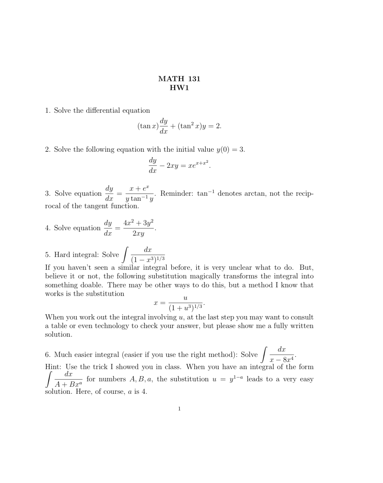 MATH 1 3 1 HW 1 Solve the differential equation (