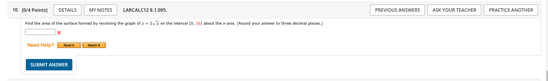 Find the area of the surface formed by revolving