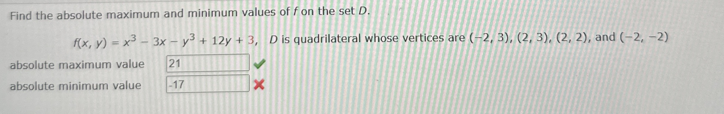 Find the absolute maximum and minimum values of f