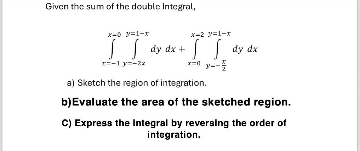Given the sum of the double Integral, x = - 1 x =